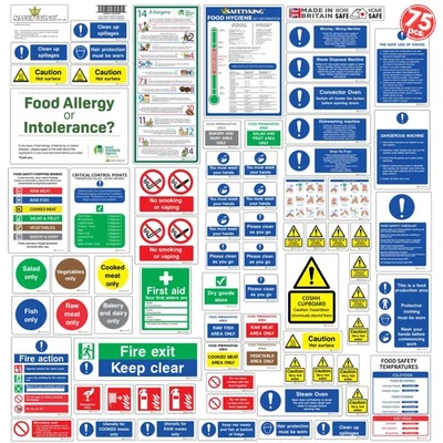 SAFETY KING SAFETYKING® 75pcs Kitchen Safety Signs & Food Hygiene Stickers | Self-Adhesive V