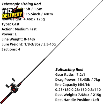 Fishing Rod and Reel Combo Baitcasting Combo Baitcast Reel 5 Foot Durable Fib... | eBay Fishing Rod and Reel Combo Baitcasting Combo Baitcast Reel 5 Foot Durable Fib... | eBay