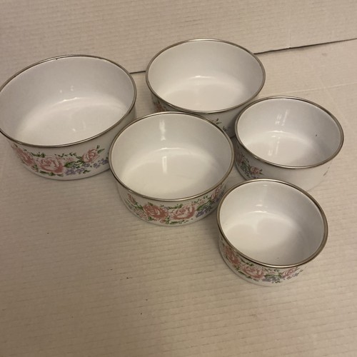 Vtg. GMI 5 Enamelware Metal Nesting Bowls W/Pink Roses /Flowers Mid Century - Picture 3 of 20