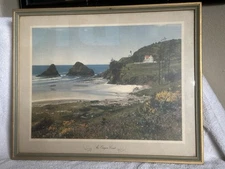 MCM Vintage Framed Print Oregon Coast Lighthouse Beautiful Beach Sea Ocean Water