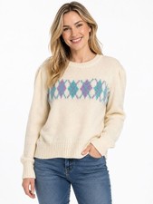 Vintage Fortune Knits Womens Argyle Sweater Orlon & Mohair Knit USA-Made Cream M