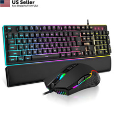 RedThunder K10 Wired Gaming Keyboard and Mouse Wrist Rest Combo, Black