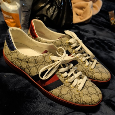 #ad Mens Gucci Ace GG Supreme #x27;Beige‘ Red good condition Size 10.5 $400.00
