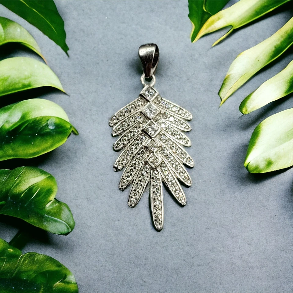 Conjunto de joyas de plata 925 brillante circonita cúbica pluma pendientes colgantes conjunto regalo Foto 2 de 4