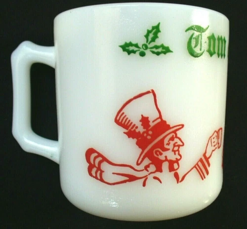 3"x4"~Vint~MILK GLASS~Hazel Atlas~CHRISTMAS~Mug~SMALL CUP~Tom &Jerry~RED & GREEN