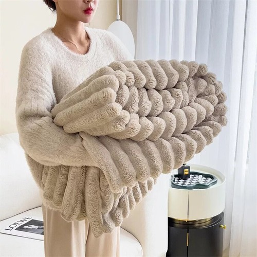 Ribbed Soft Fleece Throw Chunky Cord Faux Fur Blanket Sofa Bed King Double UK - Picture 5 of 47