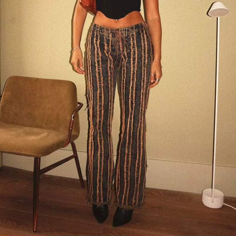 Vintage 90s Aesthetic Tassel Jeans Hippie Retro Stitched Straight Leg Pants