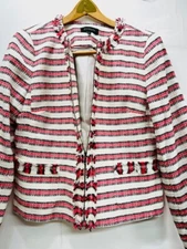 Talbots Women’s Blazer Size 12 Pink striped white   Lined Textured Full Zip(40