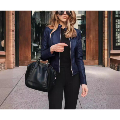 Europe Women Slim Fit Solid Color Leather Jacket Stand Collar
