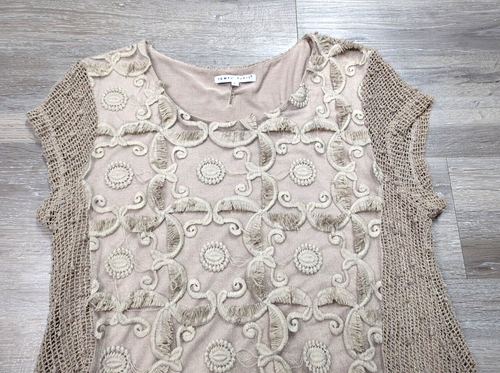 Tempo Paris Lace Crochet Lagenlook Top size L Loose Weave Asymmetric Hem Layered - Picture 6 of 13