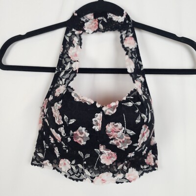 Victorias Secret PINK Push-Up Bra Womens X-Small Choker Halter Lace Floral Black