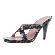 Vintage GUCCI Crisscross Heels Sandals 7.5 Black Techno Charms Print Slip On