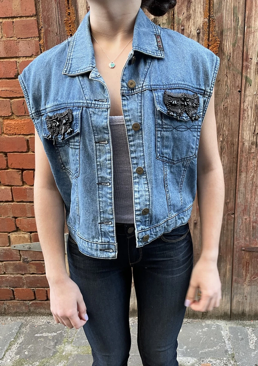Vintage Jag Classics Womens Denim Vest Beaded Trim Size S Made in