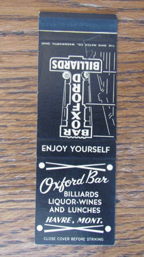 OXFORD BAR & BILLIARDS MATCHBOOK COVER: HAVRE, MONTANA 1950s MATCHCOVER -A19
