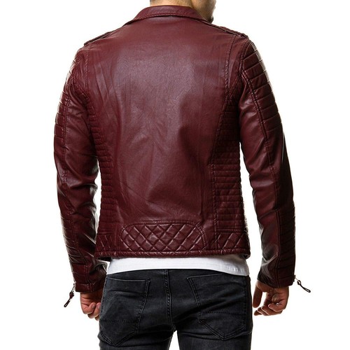 Leather Jacket Mens Biker Coat Motorcycle Vintage Men Bomber Lambskin Burgundy B - Picture 2 of 4