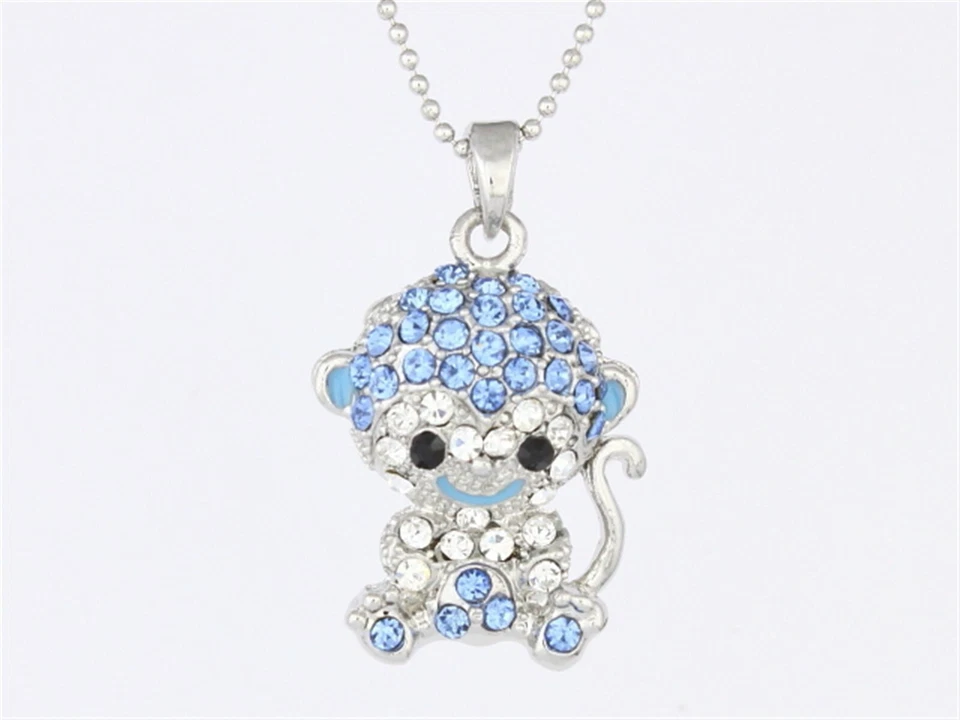 Blue Rhinestone Crystal Cheeky Monkey Doll Pendant Necklace P894 - Image 2 of 3