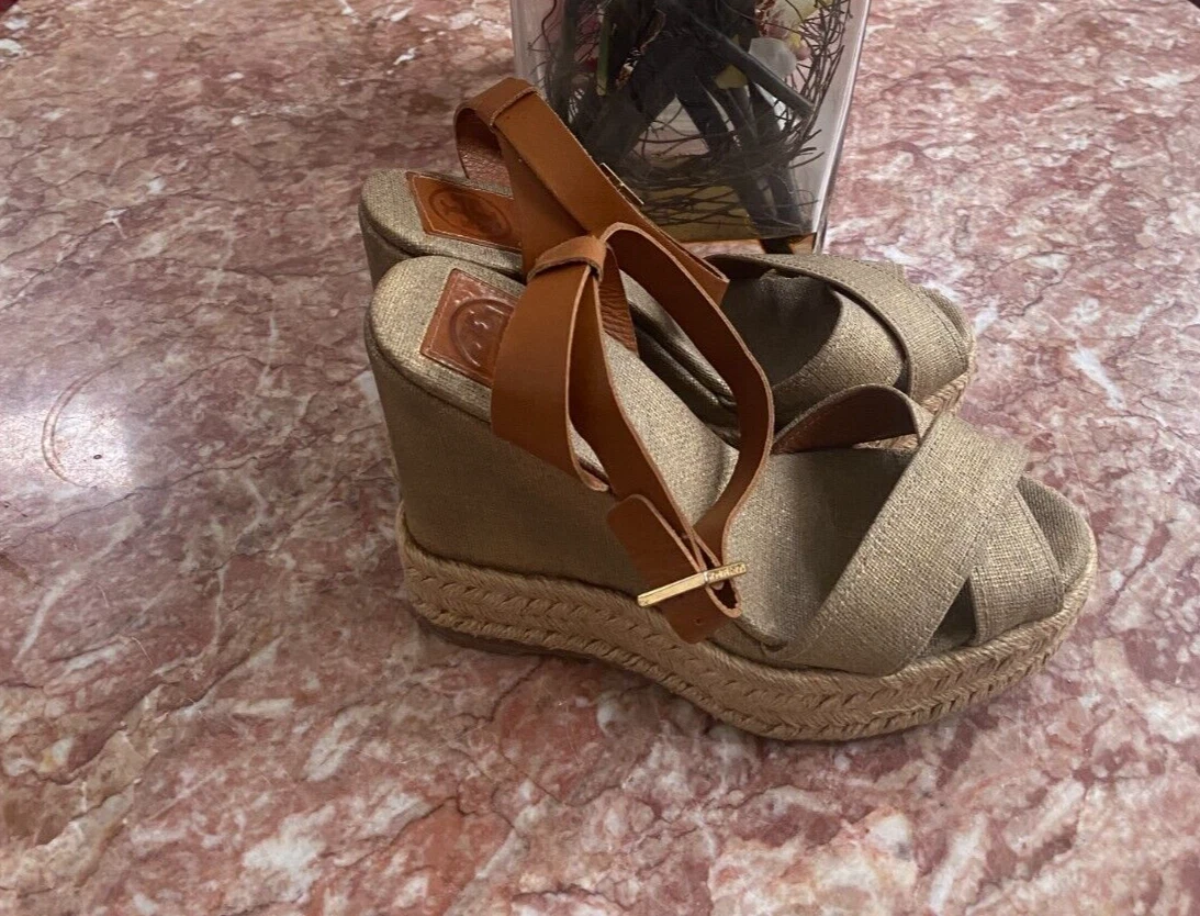 Tory Burch Fabien Espadrille Wedge G Leather Canvas Sandal Shoes Size 8B EUC!