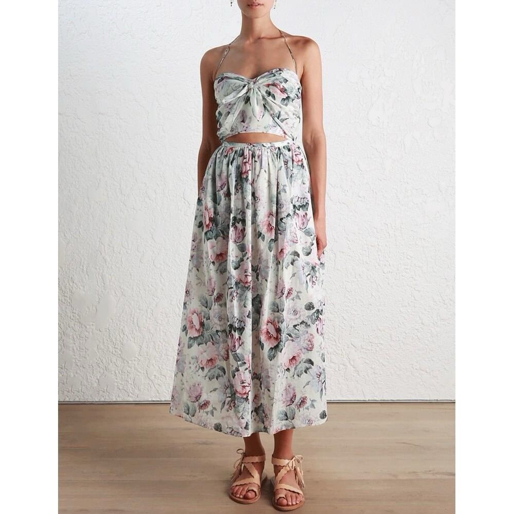 ZIMMERMANN Jasper Floral Halter Tie Cutout Midi Maxi Dress Size 1 AU/UK 8 US 4