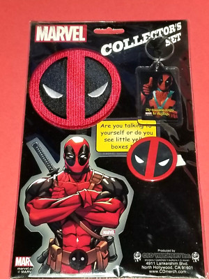 Marvel DEADPOOL Patch Key Ring Sticker Button Collectors 4Pc. Set ! NEW in Pack!