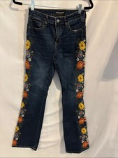 Ashley Mason Jeans Juniors 5/27 Blue Floral Embroidered Straight Stretch Denim