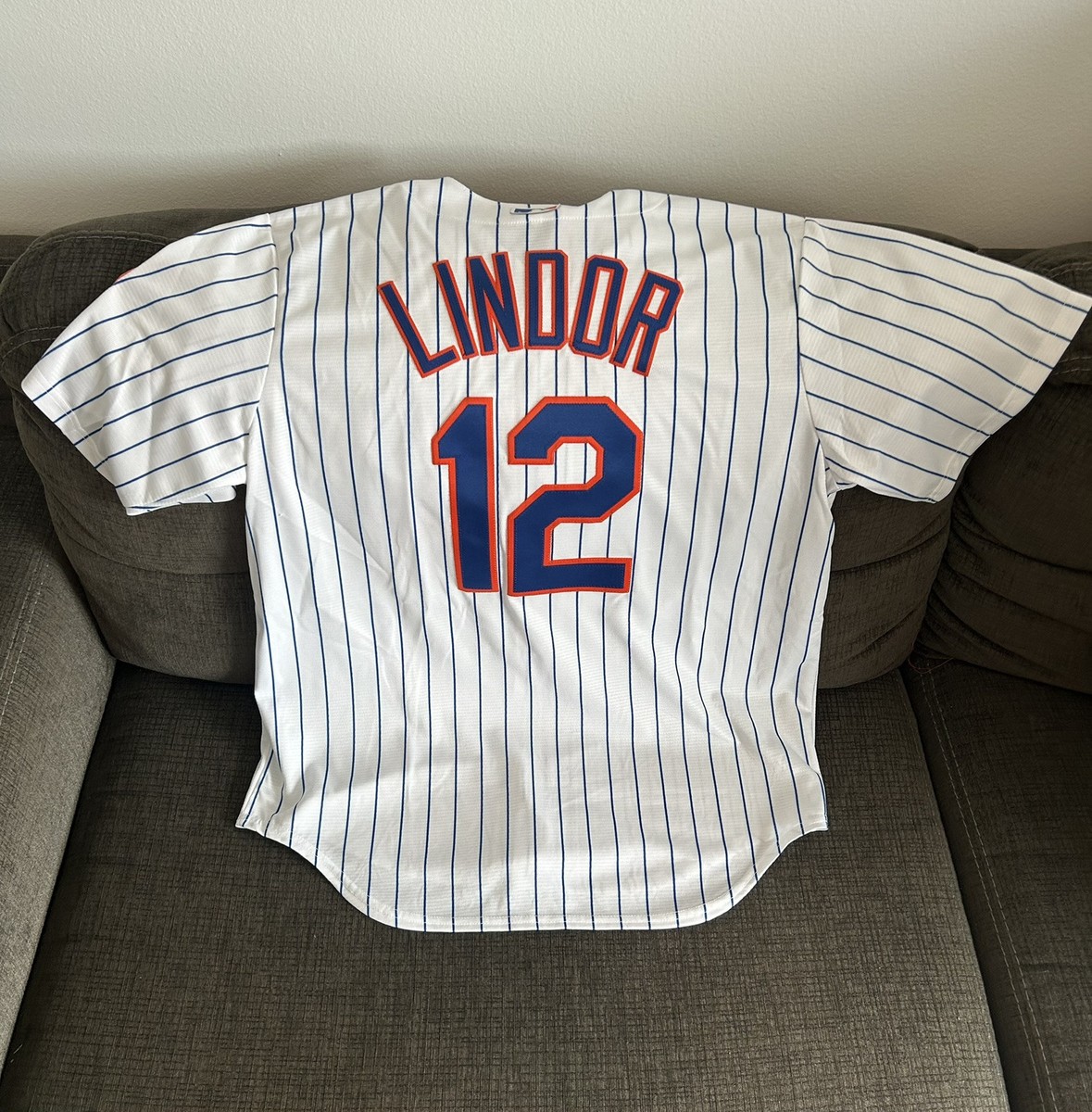 Nike New York Mets Francisco Lindor #12 Pinstripe with Patch Nike New York Mets Francisco Lindor #12 Pinstripe with Patch