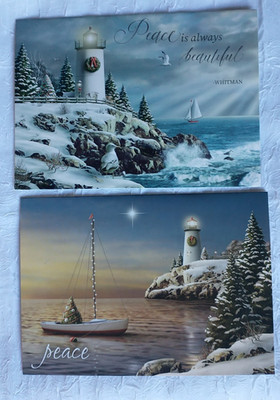 Lighthouse Christmas Cards Sailboat PEACE 2 Snow Evergreens Ocean Sea Winter