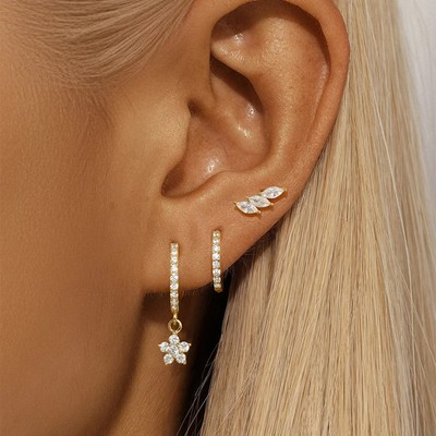 Silver Earrings Three-Piece Set for Her Earring Stack Flower