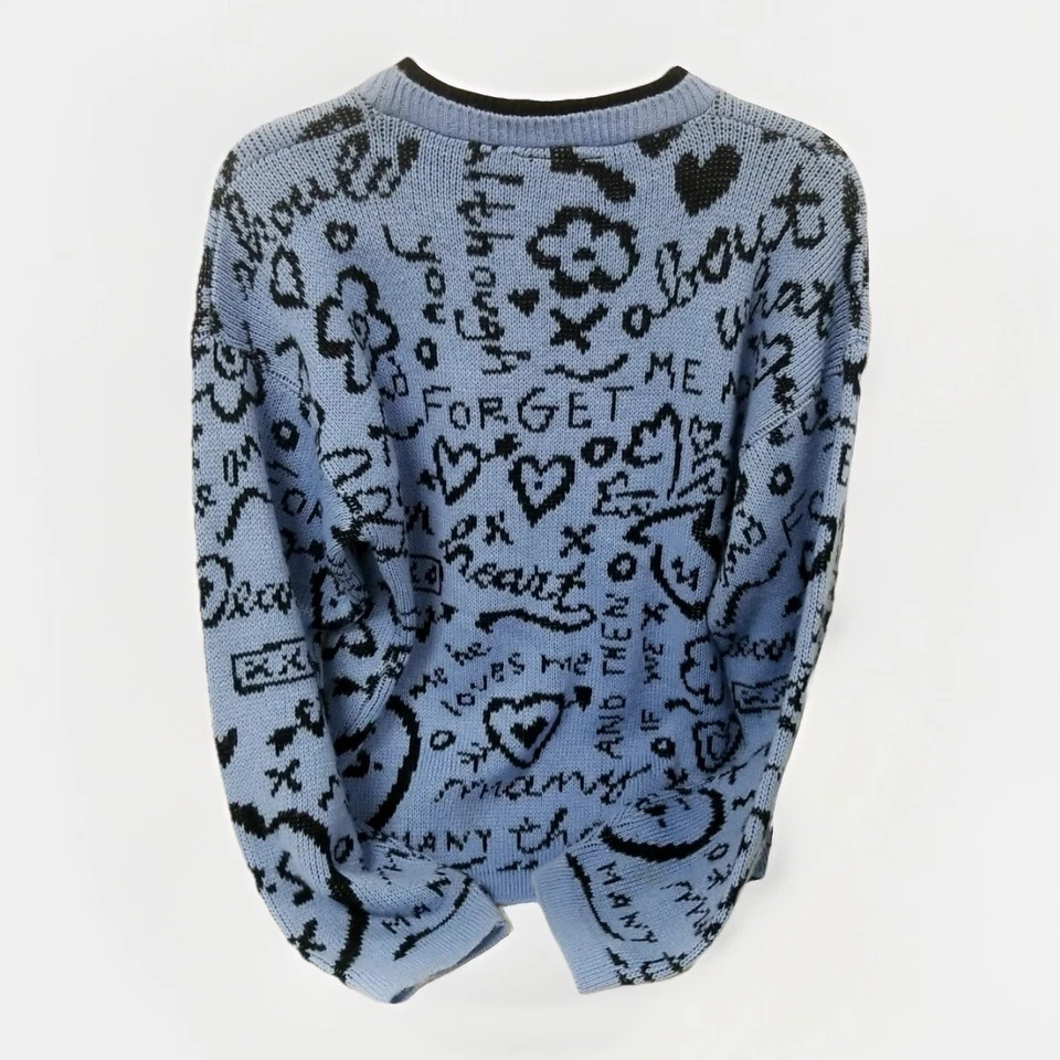 Suéter Gitano Knit Love Vintage Azul Preto Estampa Doodle Tamanho P Casual Outono Grafite - Imagem 3 de 4