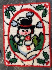 Vintage Handmade Latch Hook Christmas Rug Wall Hanging Snowman Kitschy Cute
