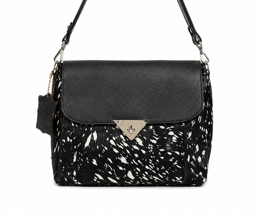 New! Black and Silver Leather Cowhide Purse. approx 12 X10. In.  Unique & Rare! - Picture 1 of 12