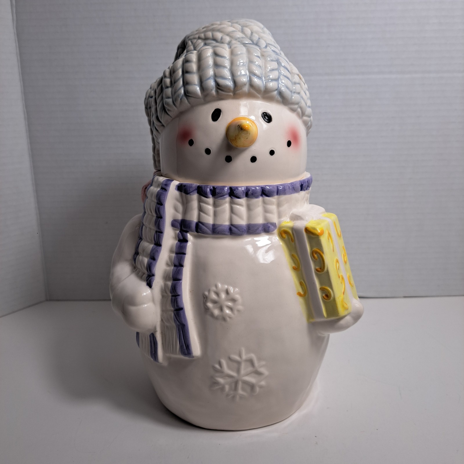 Ceramic Snowman Cookie Jar 11 inches Tall w/Blue Knitted Cap and Matching Scarf