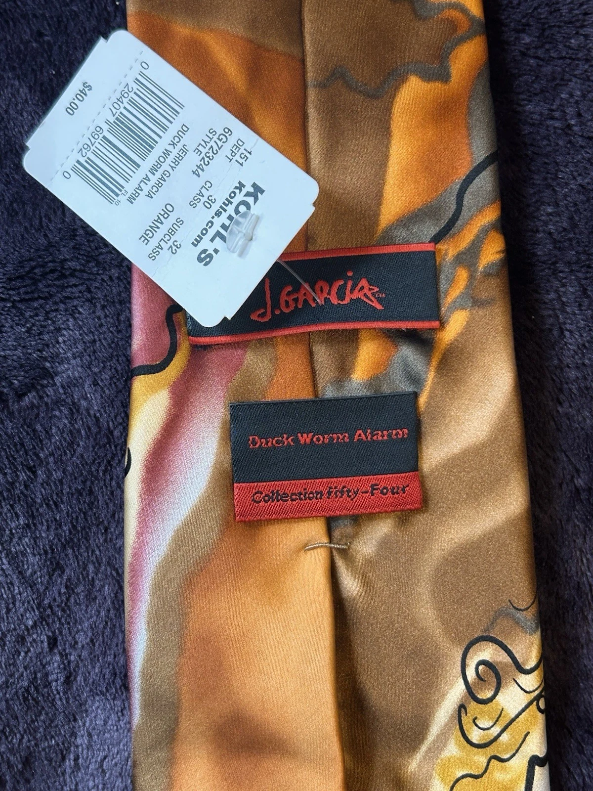 J. Garcia Men's Silk Designer Tie Abstract Satin Gold Orange Pink Black - product detail image 2