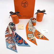 Auth Hermes Twilly DE L'OMBRELLE AUX DUELS/ODYSSEE Silk Scarf 2PCS W/B BA080161
