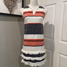 Chelsea & Theodore Woven Striped Fringe Trim Shift Dress 100% Cotton Size SP