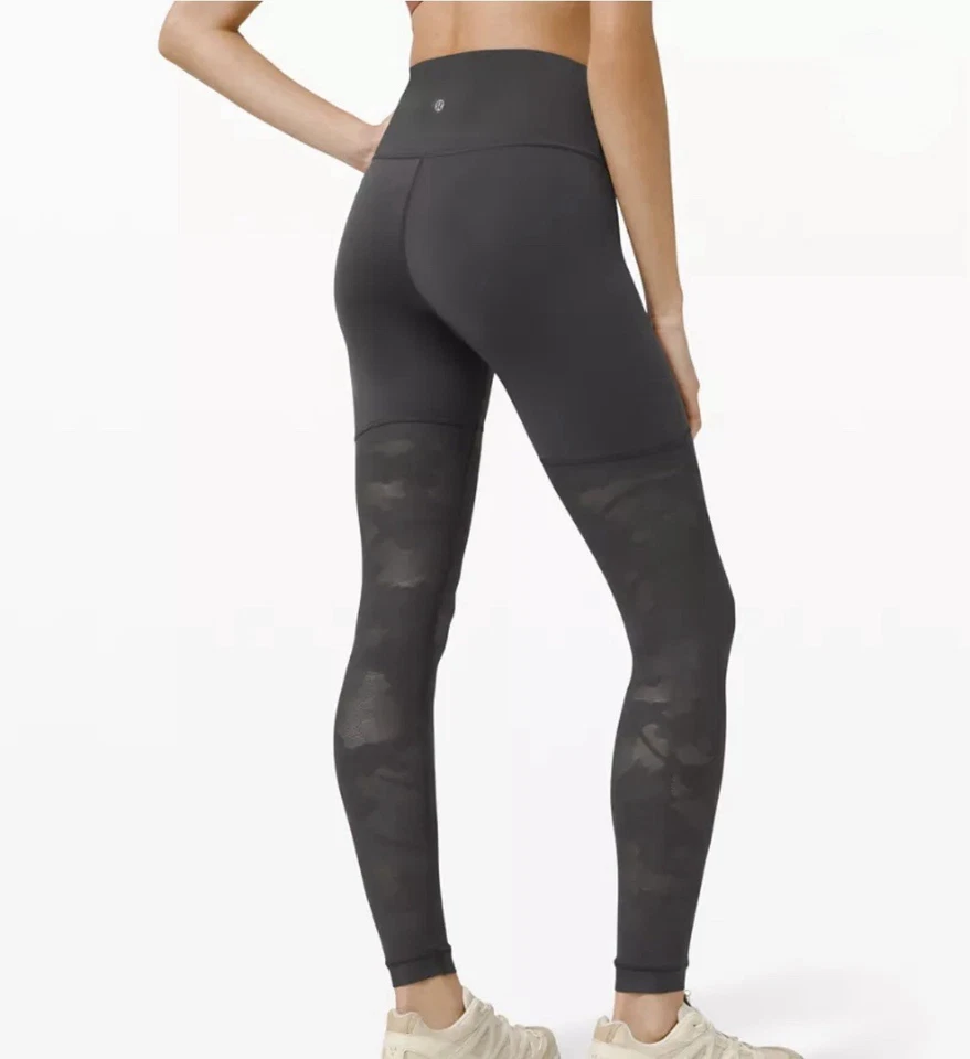 Lululemon 裤子女式 12 Sheer Will 灰色迷彩 HR 紧身 28 英寸灰色黑色迷彩网眼布 — 第 3/4 张图片