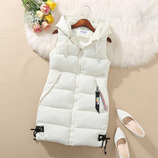 LADIES WOMENS HOODED LONG LINE PUFFER GILET JACKET PADDED TOP BODY WARMER JACKET