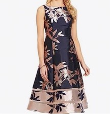 Adrianna Papell Floral Patterned Jacquard A-Line Midi Dress Sz 12 Blue/Pink, EUC