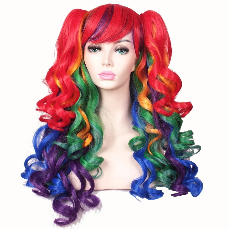 Long Curly Rainbow Cosplay Wig with 2 Playful Ponytails - Heat Resistant - Image 3 of 4