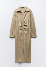 RRP £56 ZARA DONNA ECOPELLE SCAMOSCIATA MIDI CAMICIA ABITO MARRONE SABBIA NUOVO XS UK 6 8