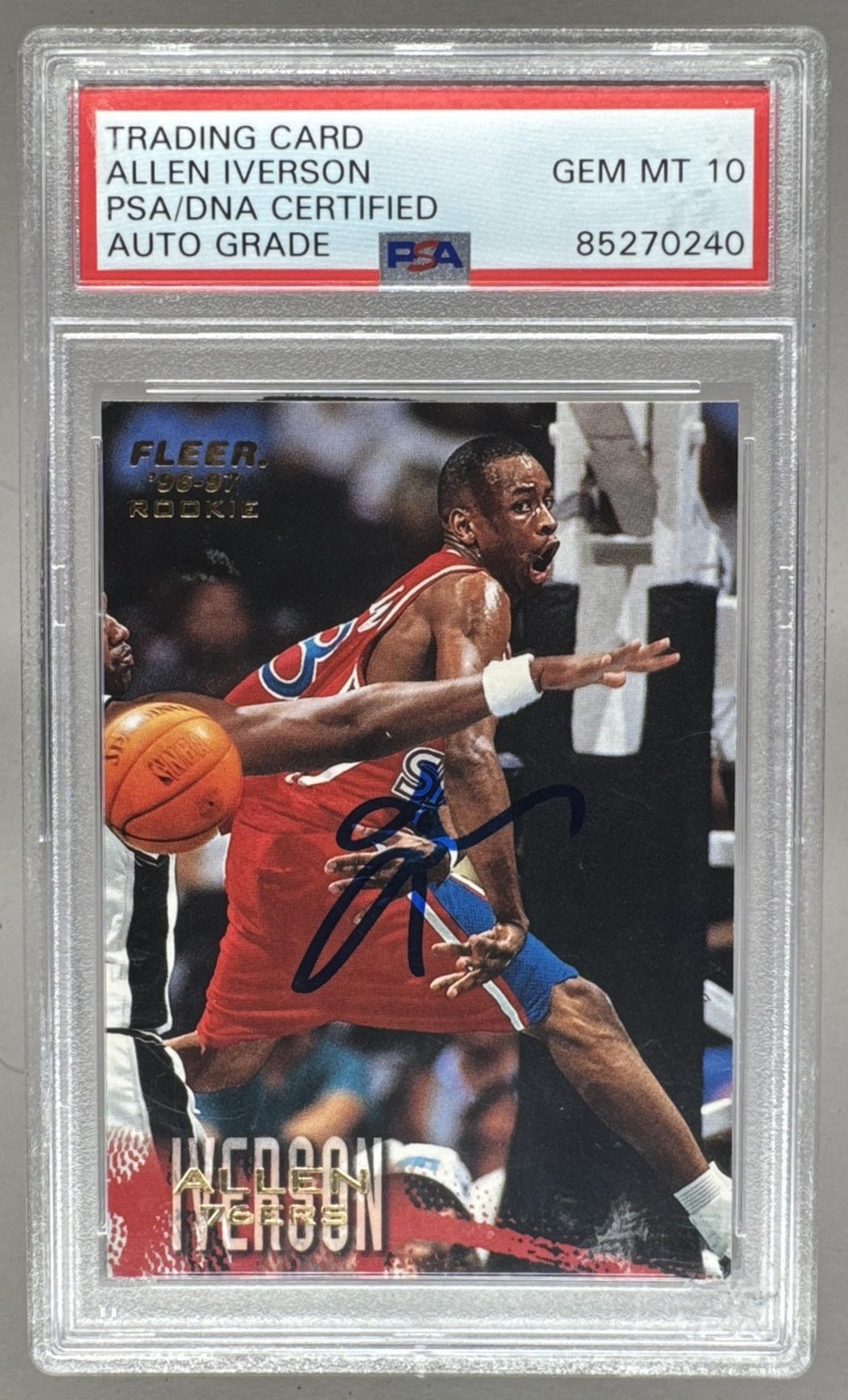 85270240 Allen Iverson 1996 Fleer #235 Rookie RC On Card Auto PSA 10