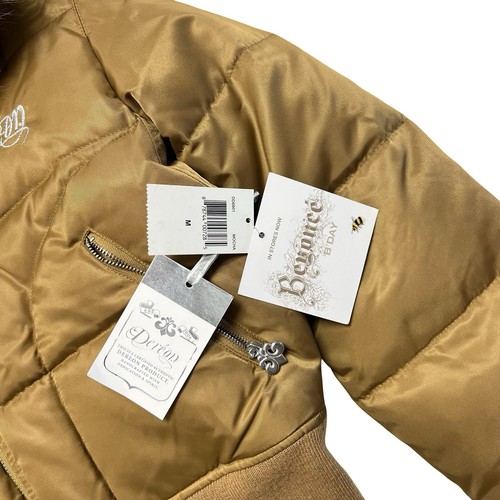 House of Dereon Puffer Jacket Womens M Gold Cropped Fur Hood Down Y2K Deadstock - Picture 8 of 13