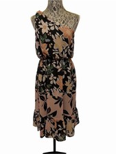 LOFT S Black Floral One Shoulder Midi Dress Ruffle Hem Elastic Waist