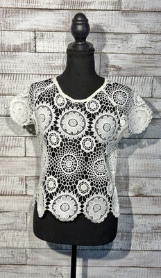   BOHO CHIC White Crochet Lace Medallion Top Sz M Coquette Festival Coverup  