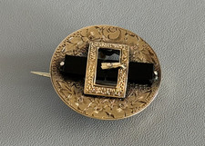 14K YELLOW GOLD Antique Brooch Pin Victorian Mourning Black Onyx Belt Buckle 079