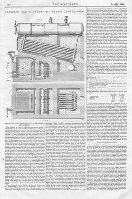 Taylor's Gasofen für Dampferzeuger - antiker Technikdruck 1894