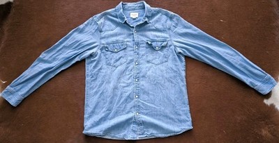 Pull & Bear Hemd Herren Größe XL Blau Baumwolle Langarm Slim Fit Knopfleiste