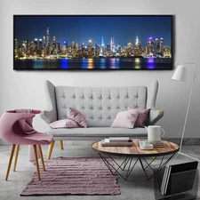 New York City Panoramic Night Skyline Night Wall Art | Canvas & Horizontal Frame