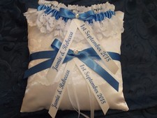 PERSONALISED BLUE WEDDING GARTER AND MATCHING RING CUSHION
