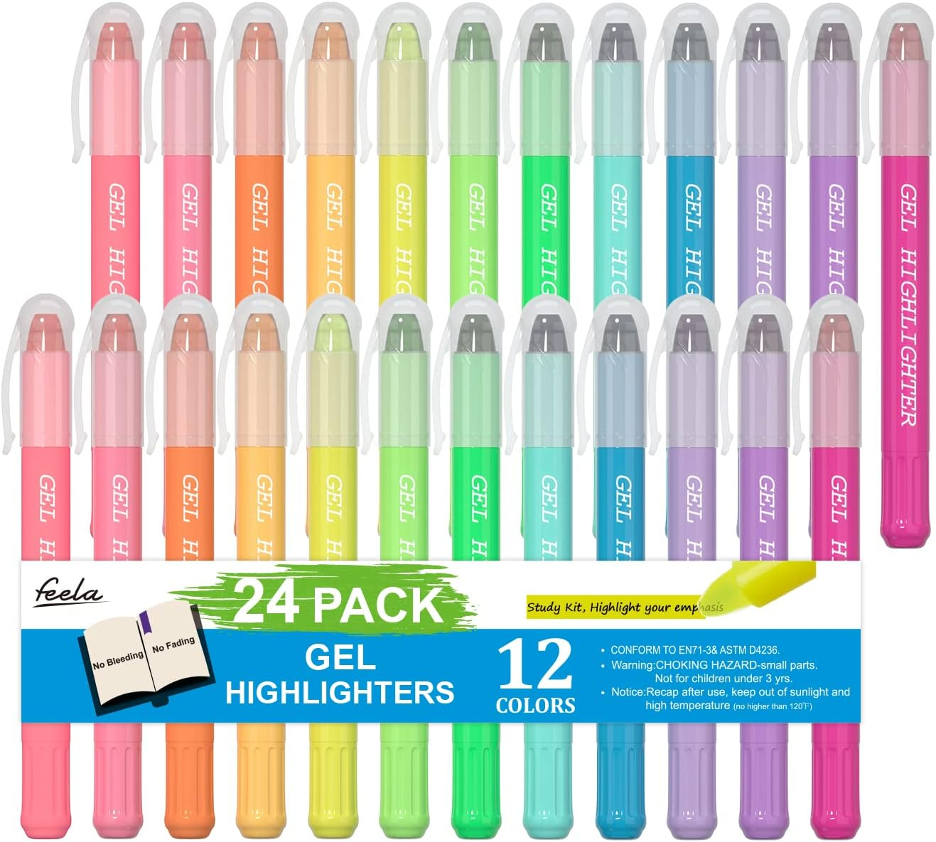 Feela 24 Pack Gel Highlighters, 12 Assorted Colors Bible Highlighter Markers Jou-image