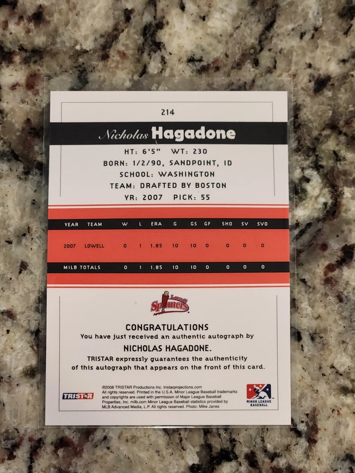 2008 TriStar PROjections #214 Nick Hagadone Autographs Auto - Image 2 of 2
